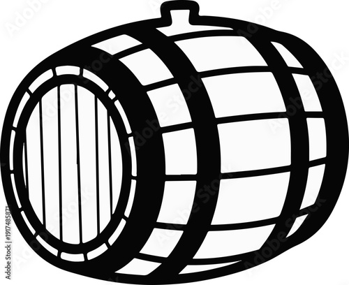 Black and white graphic of a traditional wooden barrel with metal bands
