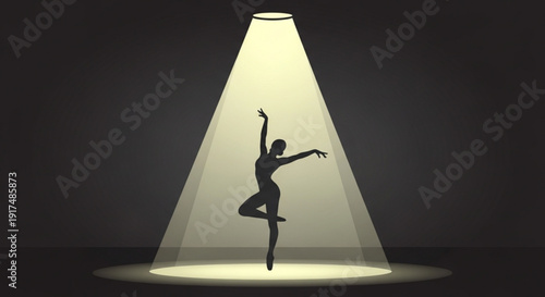 Silhouette of a dancer in a graceful pose under a spotlight showcasing elegance and poise in a dark background with dramatic lighting