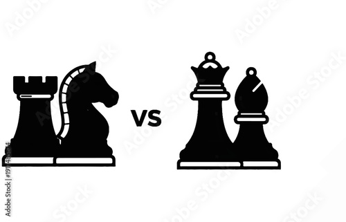 Black and white graphic of chess pieces in opposition