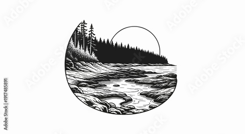 Black and white circular illustration of a rocky shore with trees and a sun