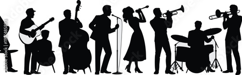 Jazz band silhouette, musical performance, trumpet player, drummer, vocalist duo, guitar, trombone, double bass, black vector, concert illustration