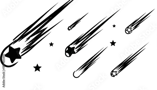 Black and white graphic of shooting stars with trails and scattered stars