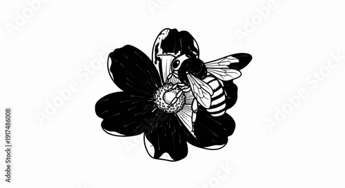 Black and white illustration of a bee on a dark flower