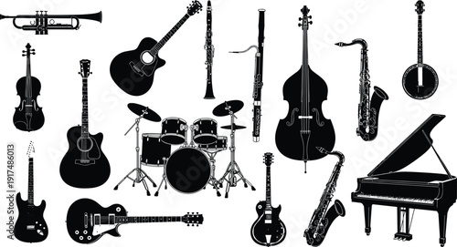 Musical instrument silhouettes collection isolated on white background, featuring guitar, piano, drum set, violin, saxophone, trumpet instruments