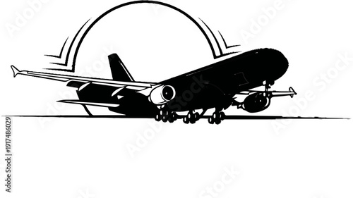 Black and white illustration of a large passenger jet on the tarmac