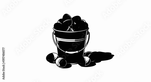 Black and white illustration of a bucket filled with round objects and some scattered