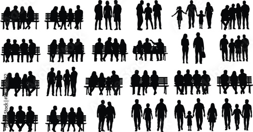 People silhouettes collection isolated on white background, featuring families, couples, groups sitting on benches, walking together and social interaction poses