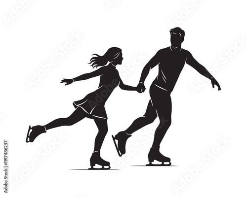 Silhouette of a man and woman ice skating together in a romantic pose