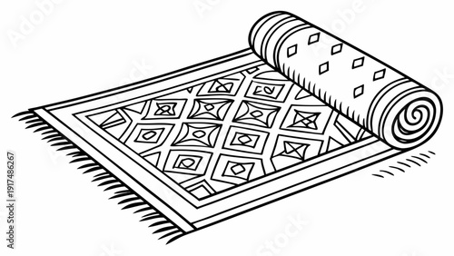 Rolled up patterned rug with fringe, an interior design element for home decor.