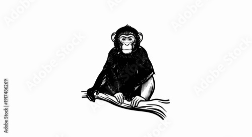 Black and white illustration of a chimpanzee sitting on a tree branch