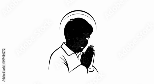 Black and white illustration of a person with a halo praying