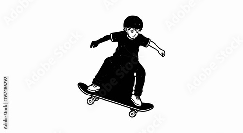 Black and white illustration of a young person in a helmet skateboarding