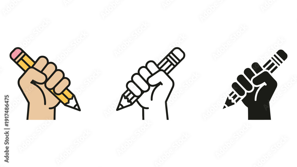 Fototapeta premium A hand holds a pencil in three different artistic styles.
