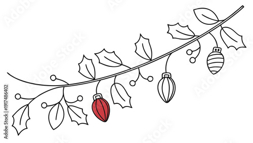 Delicate Christmas branch with festive ornaments and holly leaves, celebrating winter holidays.