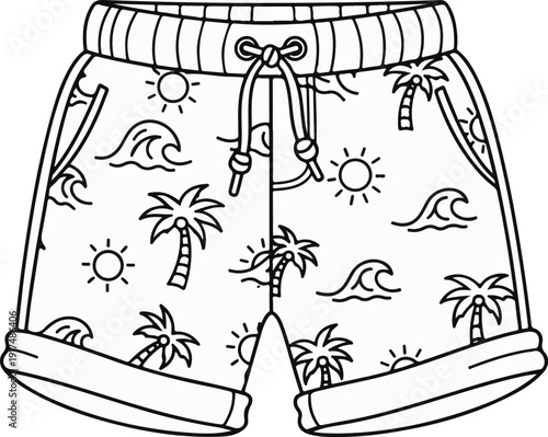 Black and white illustration of beach shorts with palm trees and suns