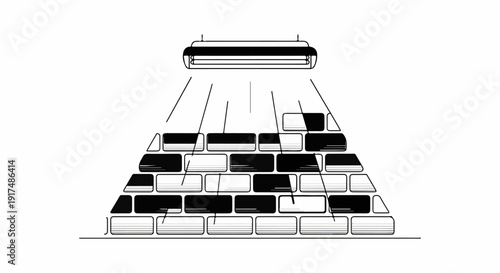 Black and white illustration of a pyramid of bricks illuminated by a light