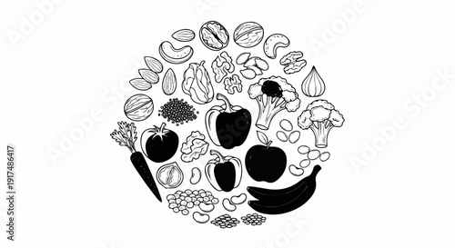 Black and white illustration of assorted fruits, vegetables, nuts, and legumes arranged in a circle