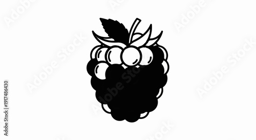 Black and white illustration of a raspberry with leaves