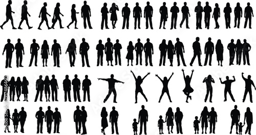People silhouettes collection isolated on white background, featuring men and women walking, standing, jumping, families, groups and social action poses