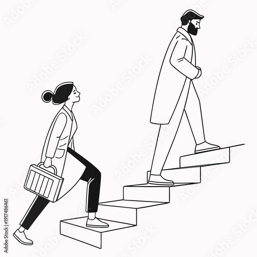 A woman and a man climbing up the stairs