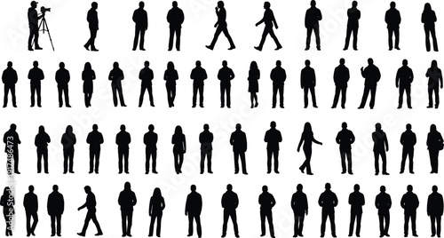 People silhouettes set, men and women standing and walking poses, urban crowd and lifestyle concept, black vector illustration
