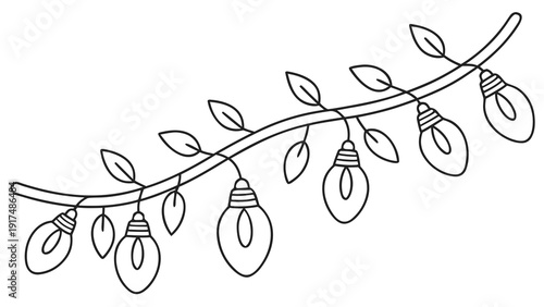 Simple outline drawing of string lights with leaves on a branch