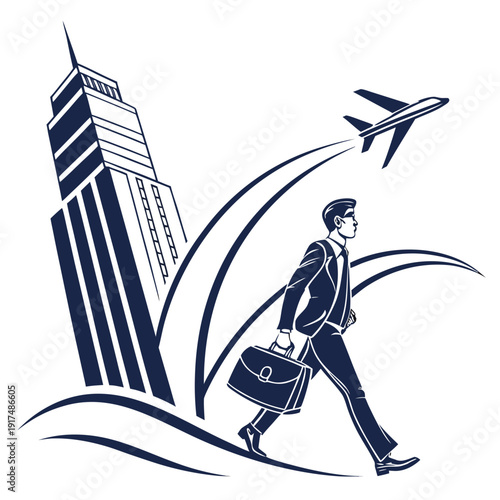 A man in a business suit walks towards a tall building with an airplane flying overhead