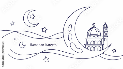 Elegant Ramadan Kareem illustration with crescent moon and mosque under starry sky