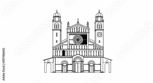 Black and white outline drawing of a grand cathedral with two towers, a rose window, and intricate facade