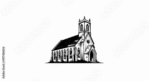 Black and white illustration of a classic church building with a tall steeple
