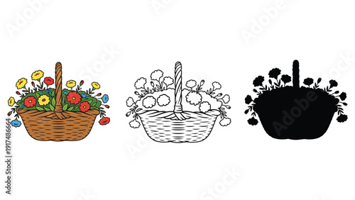 Flower basket vector illustrations in various styles and colors