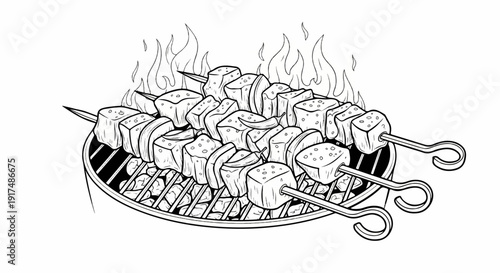 Black and white illustration of food on skewers grilling with flames