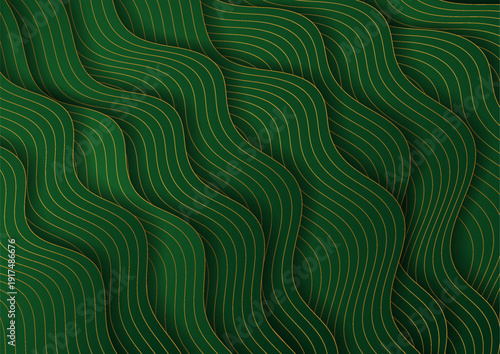 Green geometric abstract background with golden linear waves. Retro art deco vector design