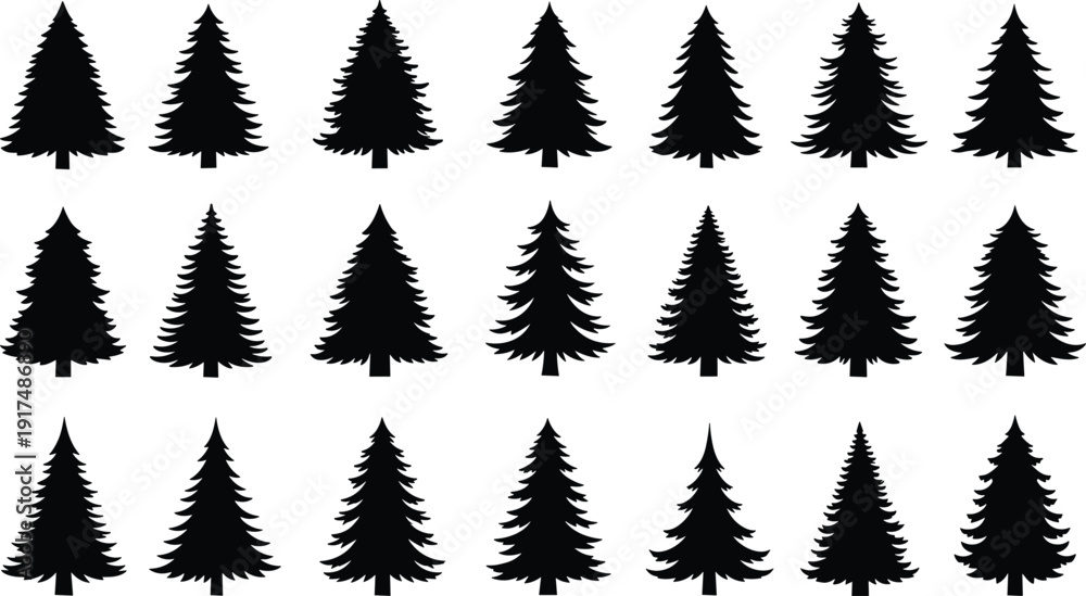 Obraz premium Pine tree silhouettes set, evergreen fir and spruce shapes, forest nature elements, winter and christmas vector illustration isolated