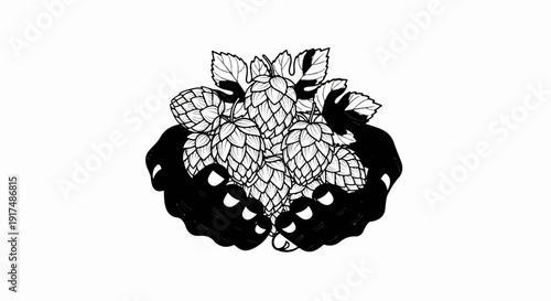 Black and white illustration of hop cones and leaves