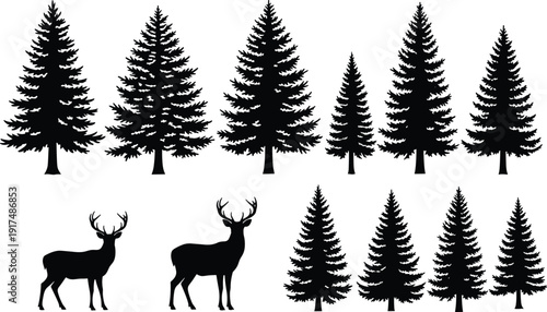 Pine tree and deer silhouettes collection isolated on white background, featuring evergreen forest trees and wildlife nature elements