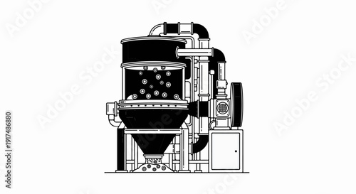 Black and white illustration of industrial processing machinery with pipes and a large tank