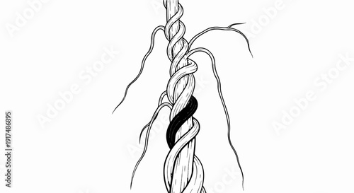 Black and white illustration of intertwined vines on a wooden pole