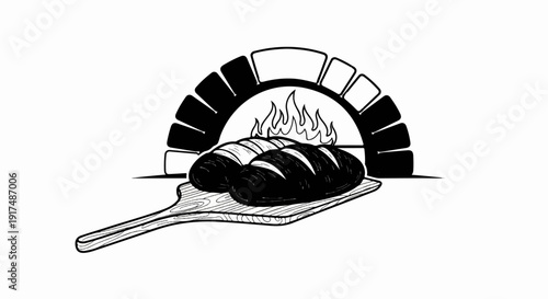 Black and white illustration of loaves of bread on a peel in front of a fiery oven