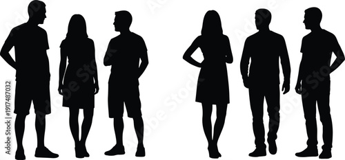 Silhouettes of men and women standing and walking together, diverse group of people in casual poses isolated on white background