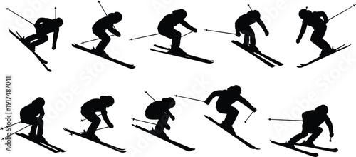 Skier silhouette sequence showing downhill skiing action, winter sports movement poses, dynamic alpine ski jumps isolated on white background