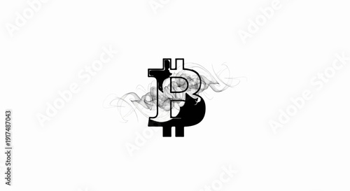Black bitcoin symbol with smoky wisps on a white background