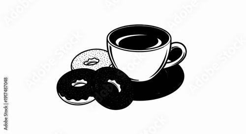 Black and white illustration of a coffee cup with three donuts