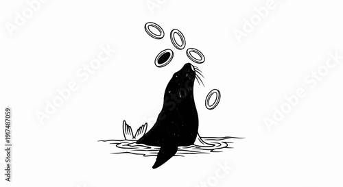 Black and white illustration of a seal balancing rings in the water