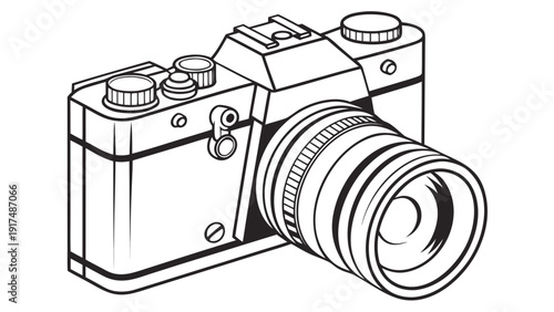 Vintage camera illustration with detailed lens and controls