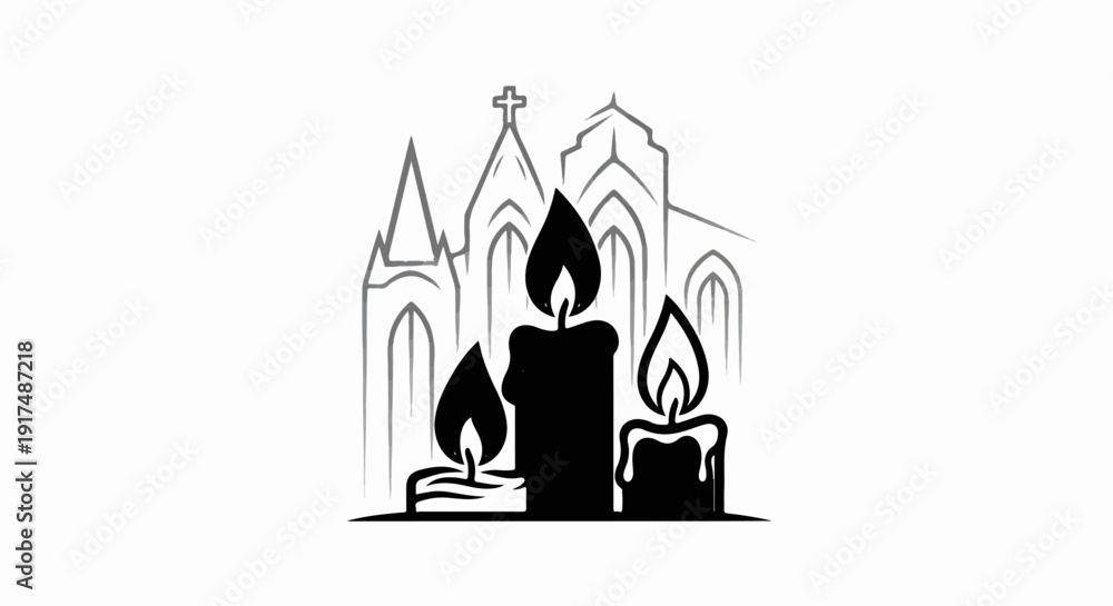 Obraz premium Black candles burn with flames in front of a gray sketched church