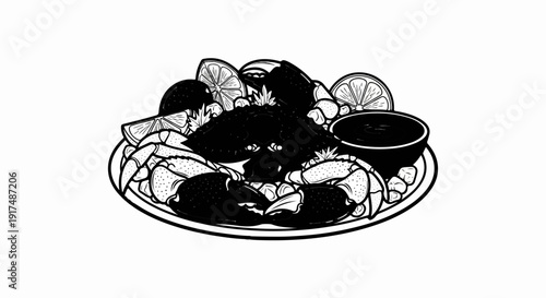 Black and white illustration of a crab dish with lemon slices and dipping sauce