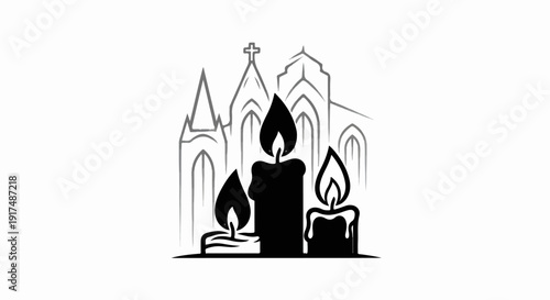 Black candles burn with flames in front of a gray sketched church