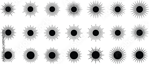 Sun icon silhouettes collection isolated on white background, featuring sunburst symbols, solar rays, circular sunshine shapes design set