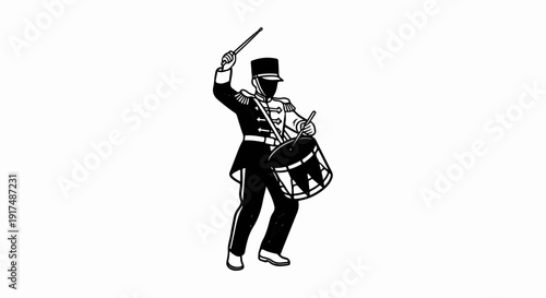 Black and white illustration of a drum major in uniform, playing a drum